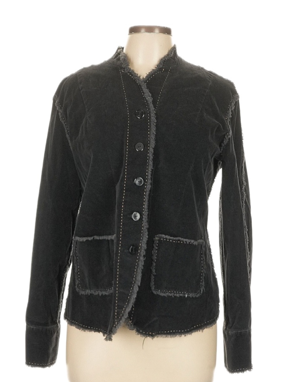 Ruby Rd. Black Distressed Jacket Raw Edges & Stitch Detail Fitted Button Front